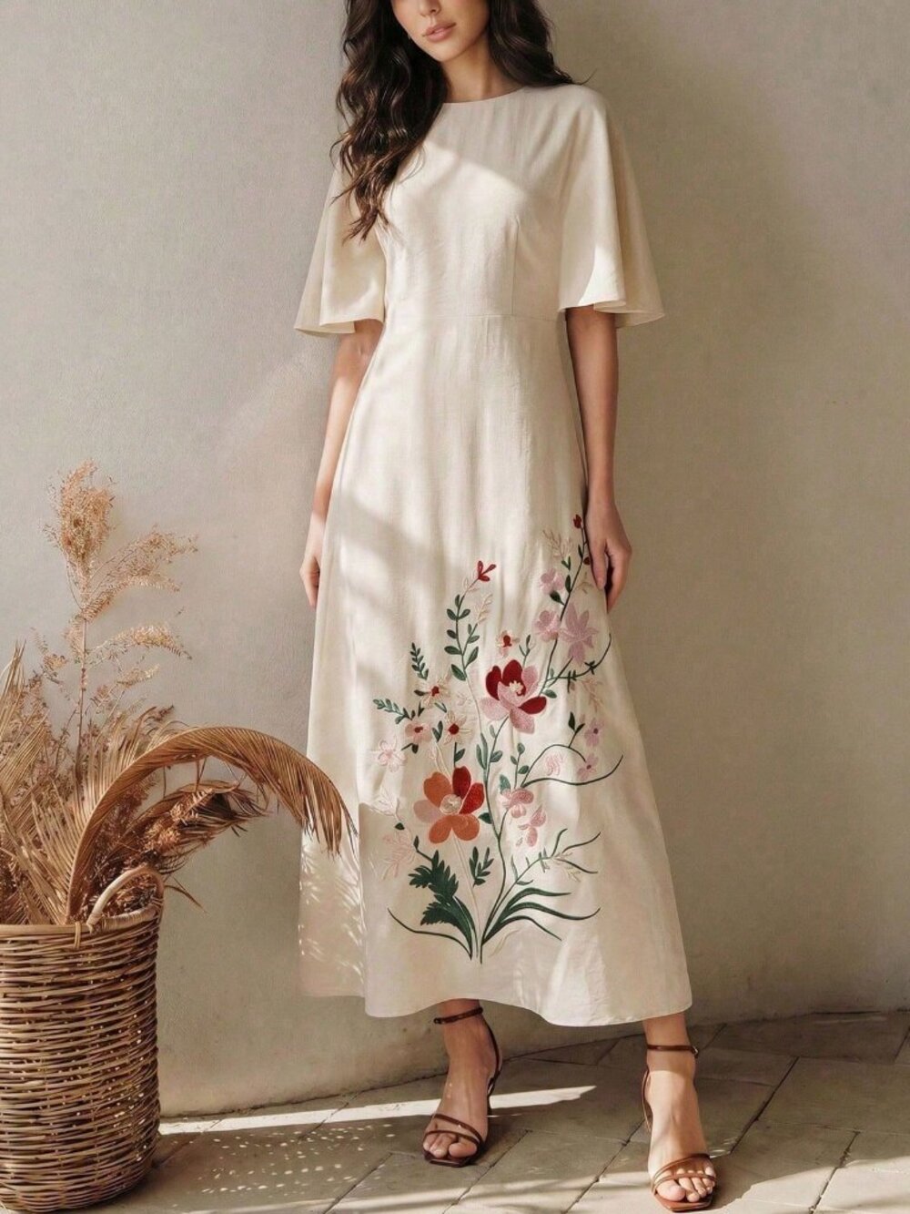 Ivory Floral Embroidered Botanical Bouquet Midi A-Line Maxi Skirt Dress
